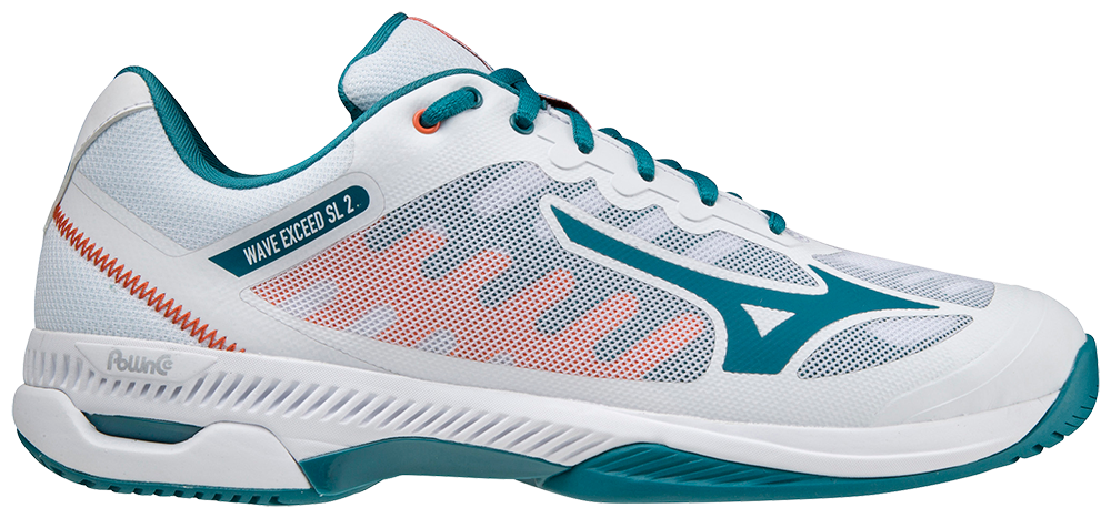 Chaussures de Padel Mizuno Wave Exceed SL 2 (AC) (Blanc/Bleu Port de Mer/Rouge Orangé)