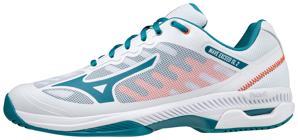 Chaussures de Padel Mizuno Wave Exceed SL 2 (AC) (Blanc/Bleu Port de Mer/Rouge Orangé)