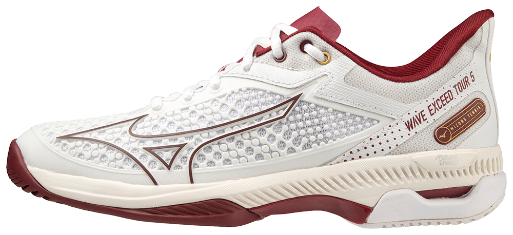 Chaussures de padel pour Femmes Mizuno Wave Exceed Tour 5 AC (Blanc/Rouge bordeaux/Gris clair)