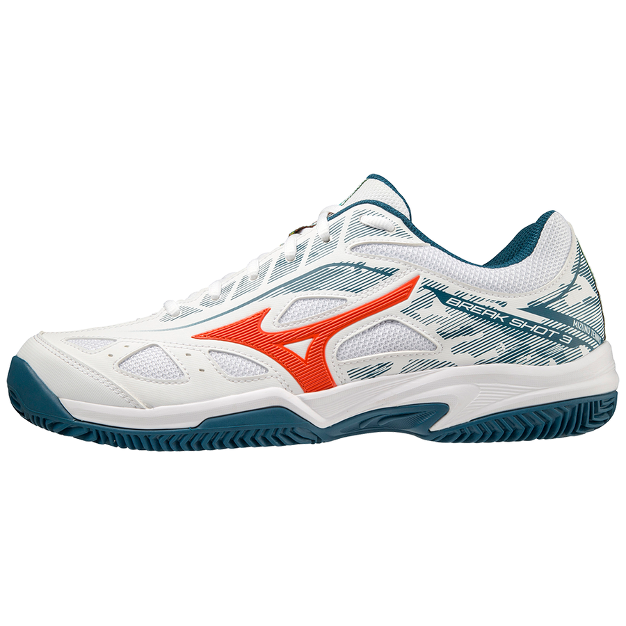 Chaussures de padel Mizuno Breakshot 3 CC (Mixte, Blanc/Rouge/Bleu Turquoise)