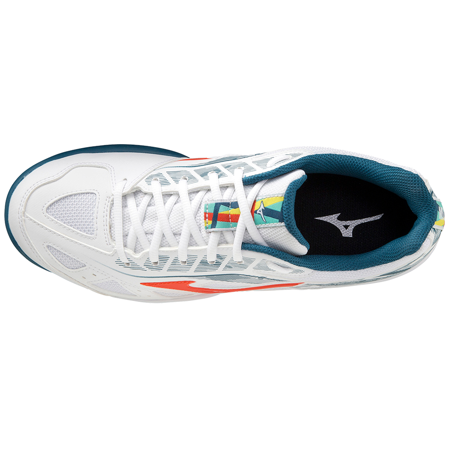 Chaussures de padel Mizuno Breakshot 3 CC (Mixte, Blanc/Rouge/Bleu Turquoise)